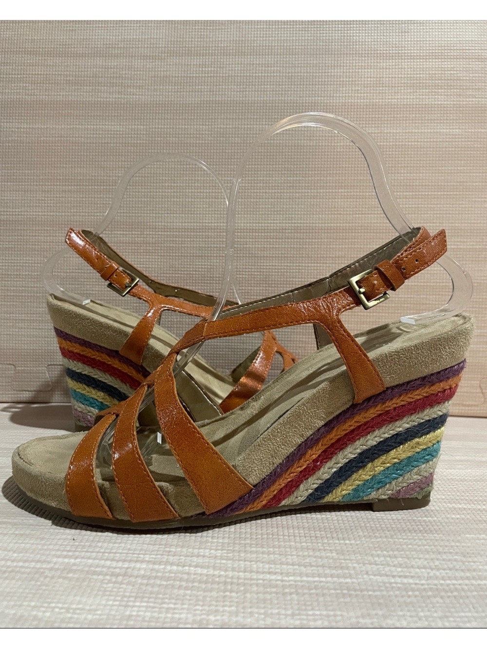 AEROSOLES Tan Strappy Wedge Sandals with Multicolor Braided Platform